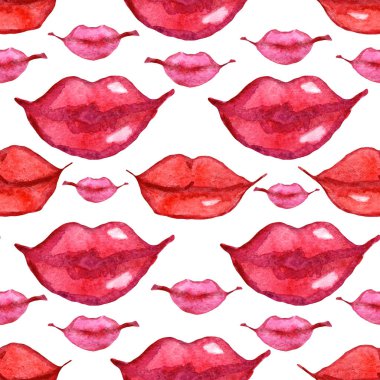 Kırmızı kırmızı dudaklar pürüzsüz desen. El çizimi suluboya ruj izi. Bayan kozmetik ürünleri. Ticari tasarım, baskılar, tekstil ve ambalaj kağıtları için kullanılabilir.