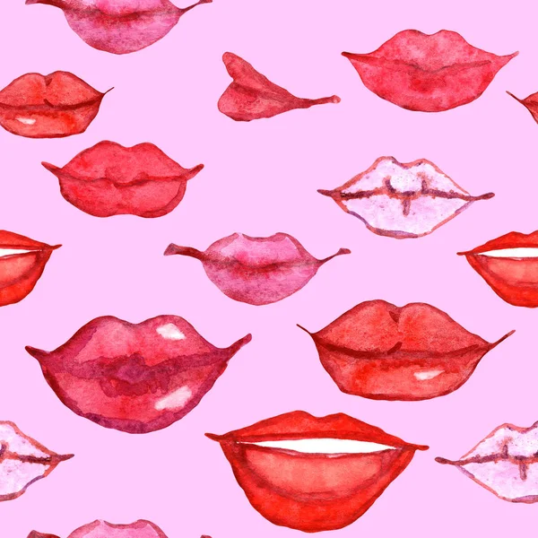 水彩画红色粉红口红女性唇无缝图案 — 图库照片
