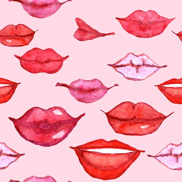 Acuarela Ilustración Rojo Rosa Lápiz Labial Mujer Labios Patrón Sin — Foto de Stock