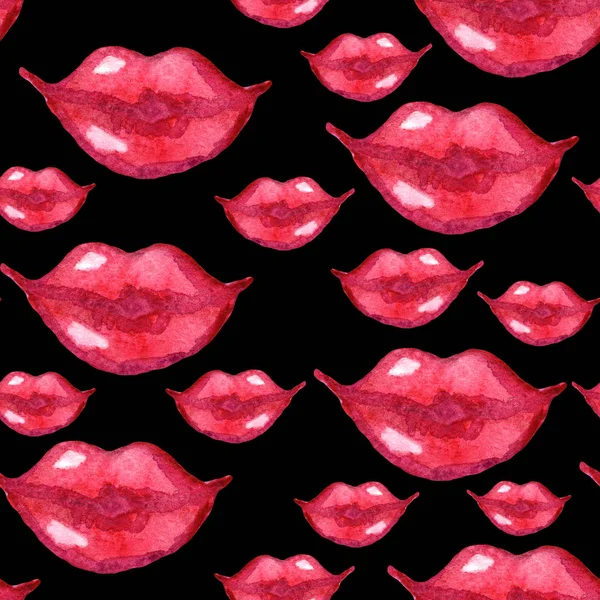 Watercolor Illustration Black Red Lipstick Woman Lips Seamless Pattern — Stock Photo, Image