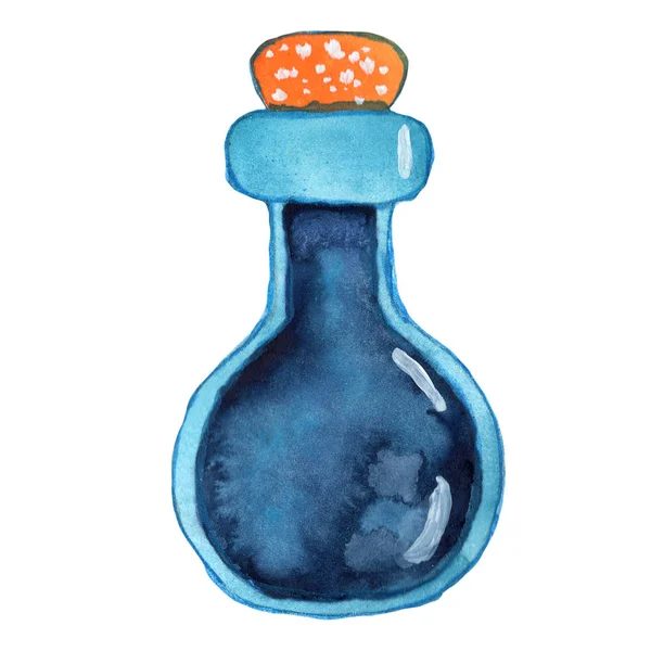 Botella Poción Mágica Aislada Azul Alquimia Acuarela Dibujada Mano Ocultismo —  Fotos de Stock