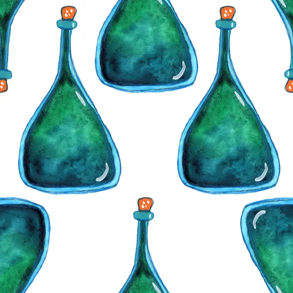 blue and green magic potion bottles seamless pattern. Hand drawn watercolor alchemy. Occultism and witchcraft drink. fairy tale chemistry. Aura testing. For kids design