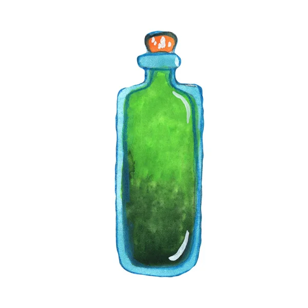 Bottiglia Pozione Magica Isolata Verde Alchimia Acquerello Disegnata Mano Occultismo — Foto Stock