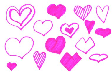 Parlak pembe izole kalpler. Elle çizilmiş karalamalı koleksiyon. Çocuk resimleri çiziyor. Sevgililer Günü. Aşk ve romantizm
