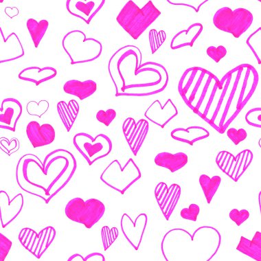 Parlak pembe kalpler kusursuz desen. Elle çizilmiş grafik karalamalı koleksiyon. Çocuk resimleri çiziyor. Sevgililer Günü. Aşk ve romantizm