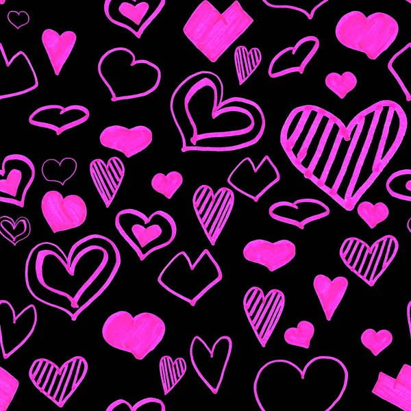 Φωτεινό Ροζ Καρδιές Αδιάλειπτη Μοτίβο Χειροποίητα Γραφικά Σκίτσα Μαύρο Φόντο — Φωτογραφία Αρχείου