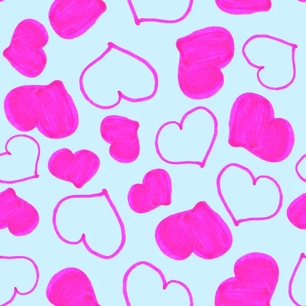 Pink Blue Hearts Seamless Pattern Hand Drawn Graphic Doodles Childrens — 스톡 사진