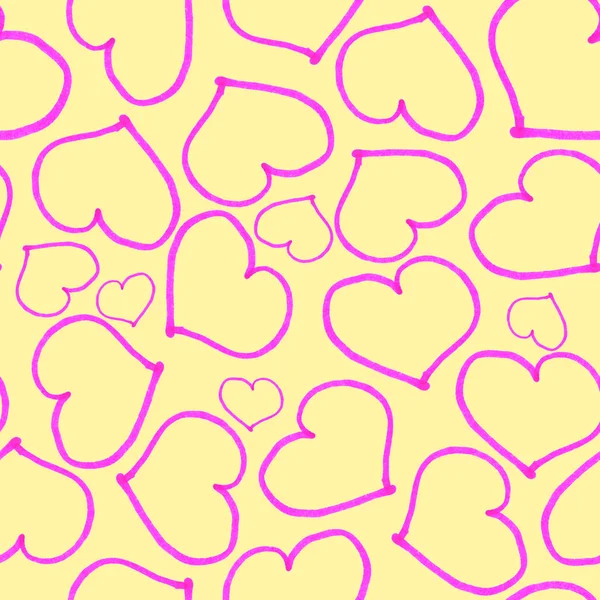 明るいピンクのハートのシームレスなパターン 黄色の背景子供たちが描く バレンタインデー 愛とロマンス ポストカード テキスタイル 包装紙の場合 — ストック写真