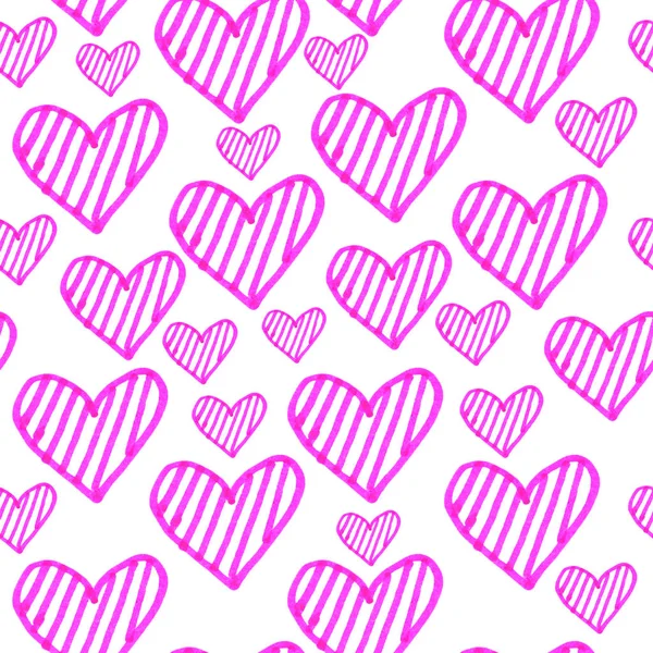 Leuchtend Rosa Gestreifte Herzen Mit Nahtlosem Muster Handgezeichnete Grafische Kritzeleien — Stockfoto