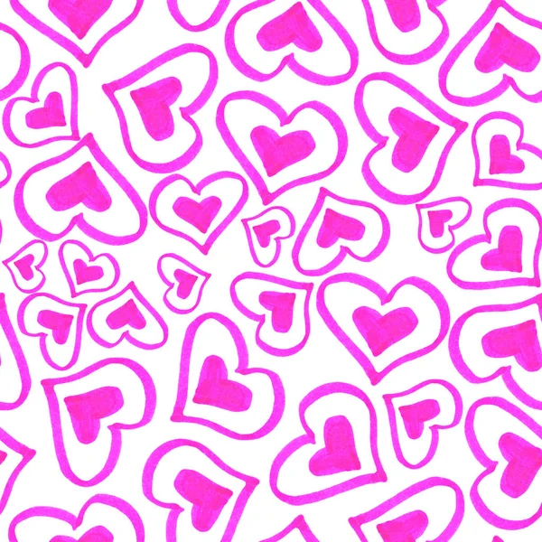 明亮的粉色心脏无缝图案 手绘图形涂鸦 孩子们在画画 圣瓦伦丁节 爱情和浪漫 明信片 纺织品和包装纸 — 图库照片