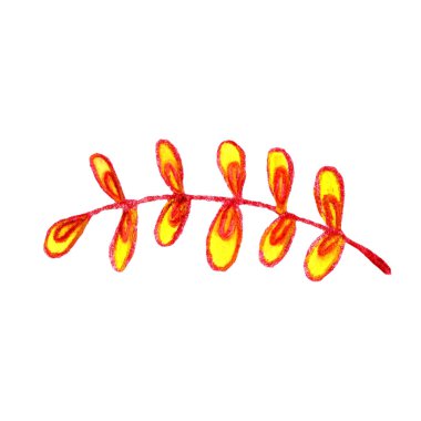 Sonbahar yapraklı ıssız bir ağaç dalı. Suluboya ve renkli kalemlerle çizilmiş bir el. Dekoratif çiçek elementi. Botatik illüstrasyon. Kartpostallar, tekstil, duvar kağıtları ve ambalaj kağıtları için.