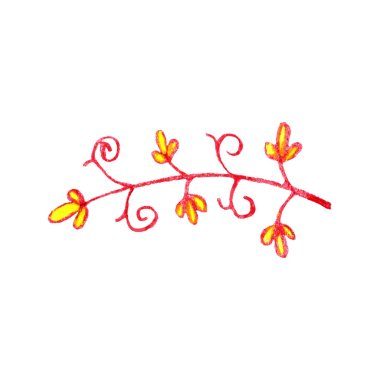 Çiçeklerle izole edilmiş bir dal. Suluboya ve renkli kalemlerle çizilmiş bir el. Sonbahar yaprakları. Dekoratif çiçek elementi. Botanik çizimi. Kartpostallar, tekstil, duvar kağıtları ve ambalaj kağıtları için.