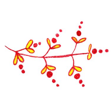 Çiçekler açan ve sonbahar yaprakları olan ıssız bir dal. Suluboya ve renkli kalemlerle çizilmiş bir el. Dekoratif çiçek. Botanik çizimi. Kartpostallar, tekstil, duvar kağıtları ve ambalaj kağıtları için.