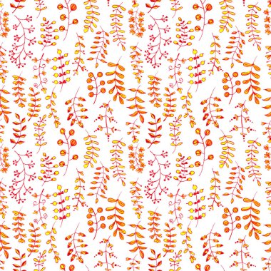 El çizimi tropikal ve sonbahar dalları, yapraklar, çiçekler ve böğürtlenlerle kusursuz desen. Etnik dikey dekoratif süs. Kırmızı ve sarı. Kartpostallar, ambalaj kağıtları, tekstil ve duvar kağıtları için.