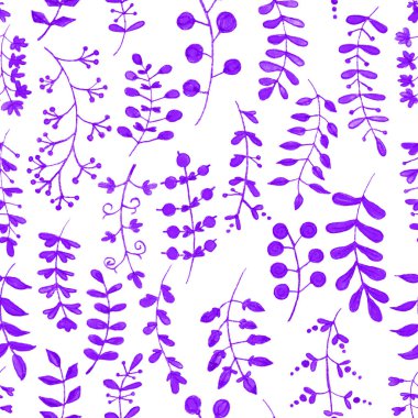 Bitkisel dikişsiz desen. El yapımı dallar, yapraklar, çiçekler ve böğürtlenler. Violet ve White. Siluet tarzı. Geleneksel dikey süs. Kartpostallar, ambalaj kağıtları, tekstil ve duvar kağıtları için.