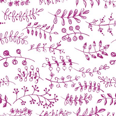 Bitkisel dikişsiz desen. El çizimi çiçekler ve yapraklar. Geleneksel taslak süsü. Mor ve beyaz arkaplan. Basit karalama stili. Paket var. Kartpostallar, ambalaj kağıtları, tekstil ve duvar kağıtları için.