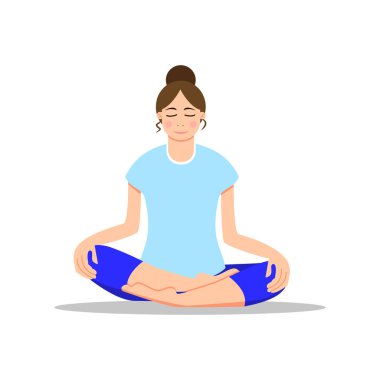 Ev kavramından çalış. Çıplak ayaklı genç kız yoga yapıyor. Vektör çizimi. Düz çizgi film tarzı. Lotus pozisyonunda yerde oturan kadın. Sağlıklı bir yaşam tarzı. Posterler ve arayüz tasarımı için