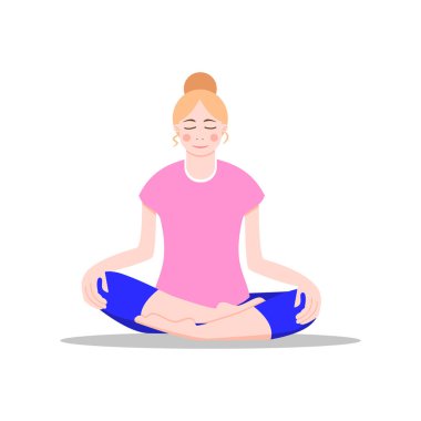 Ev kavramından çalış. Çıplak ayaklı genç kız yoga yapıyor. Vektör çizimi. Düz çizgi film tarzı. Lotus pozisyonunda yerde oturan sarışın kadın. Sağlıklı bir yaşam tarzı. Posterler, arayüz tasarımı