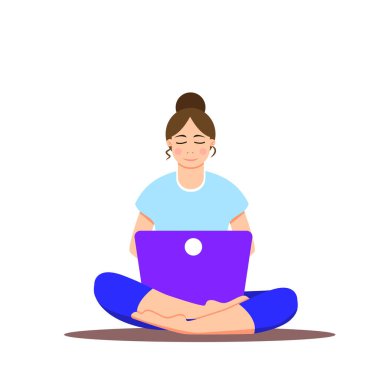 Nilüfer pozisyonunda dizüstü bilgisayarı olan bir kız. Defterde çalışan genç bir kadın, ders çalışıyor, internette geziniyor, sohbet ediyor, blog yazıyor. Çevrimiçi eğitim ya da serbest eğitim kavramı. Evde kal. Sosyal uzaklık