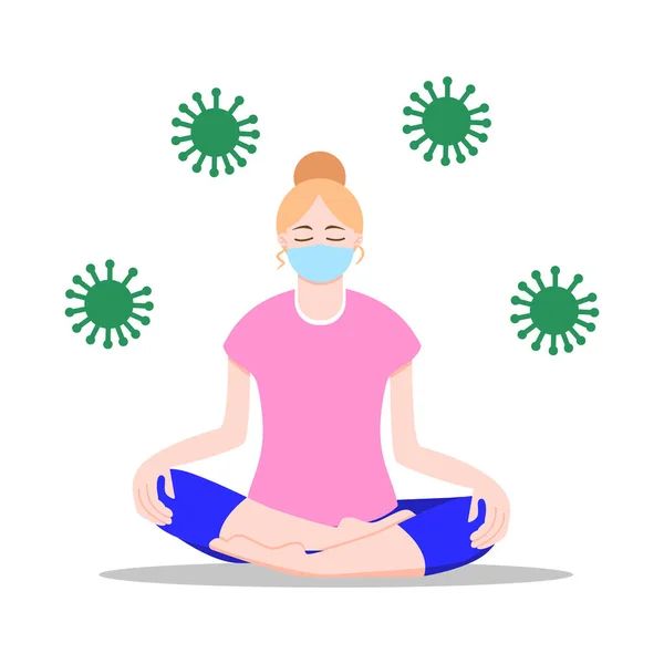 Ev kavramından çalış. Maskeli yoga yapan genç bir kız. Coronavirus (COVID-19) salgını sırasında sosyal mesafeler. Düz çizgi film. Lotus pozisyonunda yerde oturan sarışın kadın. Sağlıklı yaşam tarzı.