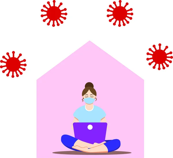 女孩坐在笔记本电脑的莲花位置 在笔记本上工作 浏览互联网 写博客的年轻女人 在大肠病毒 Covid 大流行期间的社会疏离 呆在家里 — 图库矢量图片