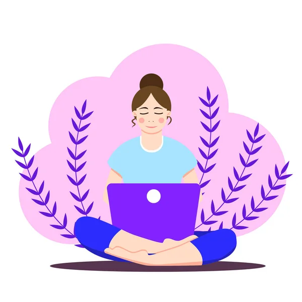 女孩坐在笔记本电脑的莲花位置 在笔记本上工作 浏览互联网 写博客的年轻女人 在线教育或自由职业概念 呆在家里社会疏离 — 图库矢量图片