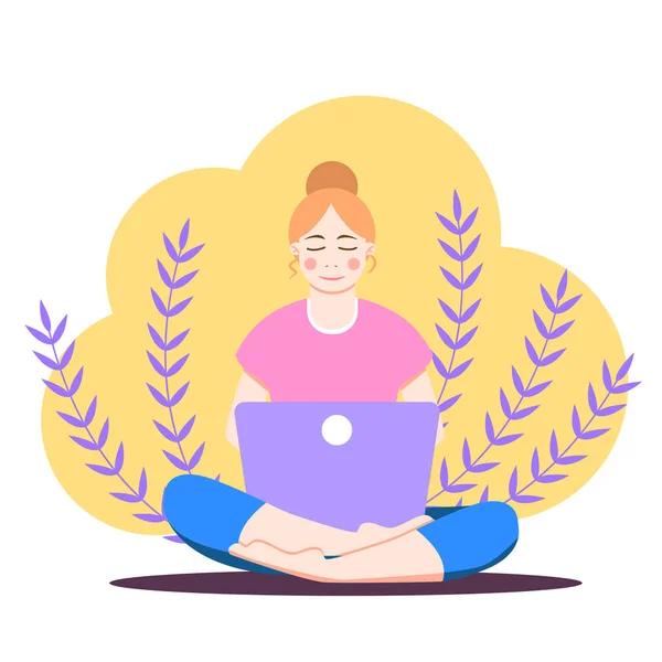 Nilüfer pozisyonunda dizüstü bilgisayarı olan bir kız. Defterde çalışan genç bir kadın, ders çalışıyor, internette geziniyor, sohbet ediyor, blog yazıyor. Çevrimiçi eğitim ya da serbest eğitim kavramı. Evde kal. Sosyal uzaklık