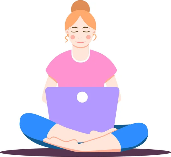 Nilüfer pozisyonunda dizüstü bilgisayarı olan bir kız. Defterde çalışan genç bir kadın, ders çalışıyor, internette geziniyor, sohbet ediyor, blog yazıyor. Çevrimiçi eğitim ya da serbest eğitim kavramı. Evde kal. Sosyal uzaklık