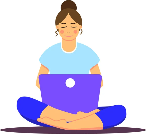 Lotus pozisyonunda dizüstü bilgisayarı olan Asyalı bir kız. Defterde çalışan genç bir kadın, ders çalışıyor, internette geziniyor, sohbet ediyor, blog yazıyor. Çevrimiçi eğitim ya da serbest eğitim. Evde kal. Sosyal uzaklık
