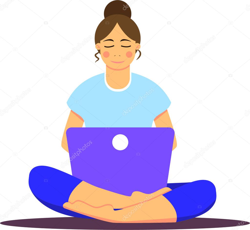 Asian girl sitting with laptop in lotus position. Young woman working on the notebook, studying, browsing internet, chatting, blogging. Online education or freelance. Stay home. Social distancing