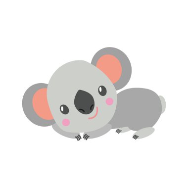Koala ayısı bebek yalan söylüyor ve gülümsüyor. Sevimli ve komik bir karakter. Çizgi film tarzı. Basit düz çizim. Çocuklar için tekstil. Çocuk kitapları ve dergileri için. Kartpostallar ve ambalaj kağıtları için