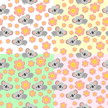Koala bebeği ve pembe lalelerle kusursuz desen. Mor arka plan. Çiçek süsü. Düz çizgi film tarzı. Sevimli ve komik. Çocuklar için kartpostal, tekstil, duvar kağıdı ve ambalaj kağıdı. Bahar ve yaz