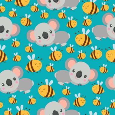 Koala bebeği ve pembe lalelerle kusursuz desen. Mor arka plan. Çiçek süsü. Düz çizgi film tarzı. Sevimli ve komik. Çocuklar için kartpostal, tekstil, duvar kağıdı ve ambalaj kağıdı. Bahar ve yaz
