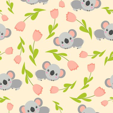 Koala bebeği ve pembe lalelerle kusursuz desen. Mor arka plan. Çiçek süsü. Düz çizgi film tarzı. Sevimli ve komik. Çocuklar için kartpostal, tekstil, duvar kağıdı ve ambalaj kağıdı. Bahar ve yaz