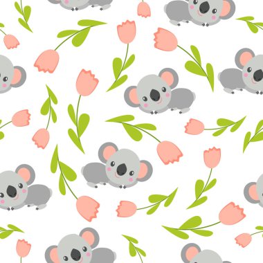Koala bebeği ve pembe lalelerle kusursuz desen. Mor arka plan. Çiçek süsü. Düz çizgi film tarzı. Sevimli ve komik. Çocuklar için kartpostal, tekstil, duvar kağıdı ve ambalaj kağıdı. Bahar ve yaz