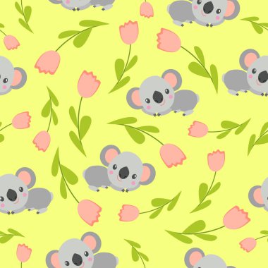 Koala bebeği ve pembe lalelerle kusursuz desen. Mor arka plan. Çiçek süsü. Düz çizgi film tarzı. Sevimli ve komik. Çocuklar için kartpostal, tekstil, duvar kağıdı ve ambalaj kağıdı. Bahar ve yaz