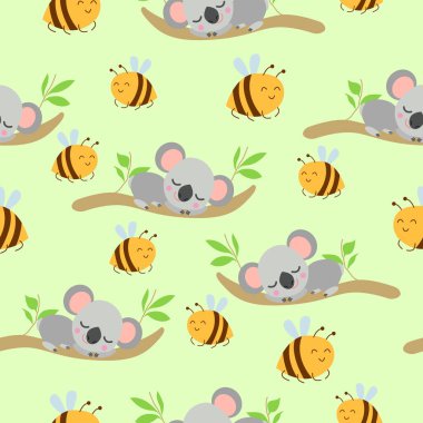 Koala bebeklerinin okaliptüs dalları ve sarı arılarda uyuduğu kusursuz bir düzen. Yeşil arka plan. Düz dizayn. Çizgi film tarzı. Sevimli ve komik. Çocuklar için tekstil, duvar kağıdı ve ambalaj kağıdı. Yaz