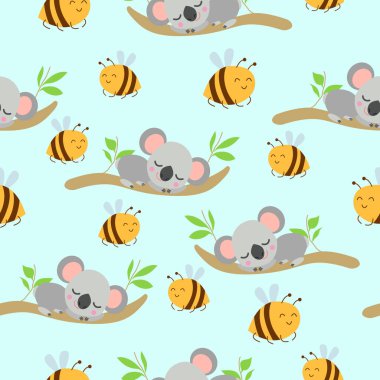 Koala bebeklerinin okaliptüs dalları ve sarı arılarda uyuduğu kusursuz bir düzen. Açık mavi arkaplan. Düz dizayn. Çizgi film tarzı. Sevimli ve komik. Çocuklar için tekstil, duvar kağıdı ve ambalaj kağıdı