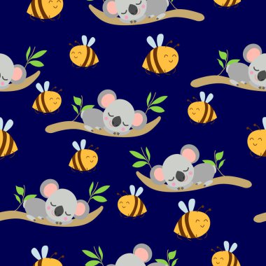 Koala bebeklerinin okaliptüs dalları ve sarı arılarda uyuduğu kusursuz bir düzen. Koyu mavi arka plan. Düz dizayn. Çizgi film tarzı. Sevimli ve komik. Çocuklar için tekstil, duvar kağıdı ve ambalaj kağıdı