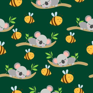 Koala bebeklerinin okaliptüs dalları ve sarı arılarda uyuduğu kusursuz bir düzen. Yeşil arka plan. Düz dizayn. Çizgi film tarzı. Sevimli ve komik. Çocuklar için tekstil, duvar kağıdı ve ambalaj kağıdı. Yaz
