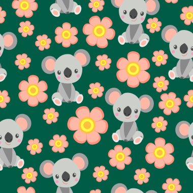 Koala bebekleri ve pembe çiçeklerle kusursuz desen. Yeşil arka plan. Çiçek süsü. Düz çizgi film tarzı. Sevimli ve komik. Çocuklar için tekstil, duvar kağıdı ve ambalaj kağıdı. Bahar ve yaz