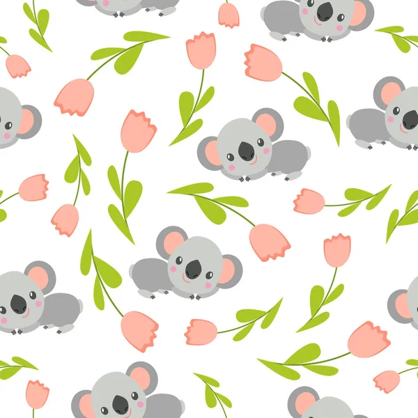 Modèle Sans Couture Avec Bébé Koala Tulipes Roses Fond Violet — Image vectorielle