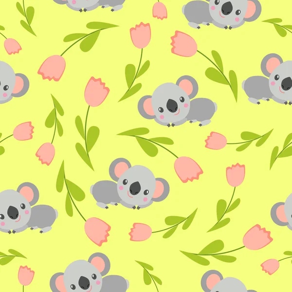 Koala bebeği ve pembe lalelerle kusursuz desen. Mor arka plan. Çiçek süsü. Düz çizgi film tarzı. Sevimli ve komik. Çocuklar için kartpostal, tekstil, duvar kağıdı ve ambalaj kağıdı. Bahar ve yaz