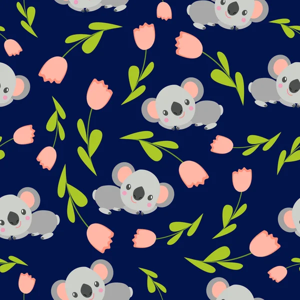 Koala bebeklerinin okaliptüs dalları ve pembe lalelerde uyuduğu kusursuz bir düzen. Koyu mavi arka plan. Düz dizayn. Çizgi film tarzı. Sevimli ve komik. Çocuklar için tekstil, duvar kağıdı ve ambalaj kağıdı