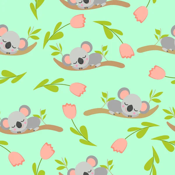 Koala bebeklerinin okaliptüs dalları ve pembe lalelerde uyuduğu kusursuz bir düzen. Açık yeşil arka plan. Düz dizayn. Çizgi film tarzı. Sevimli ve komik. Çocuklar için tekstil, duvar kağıdı ve ambalaj kağıdı