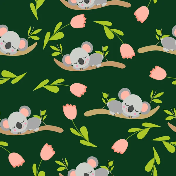 Koala bebeklerinin okaliptüs dalları ve pembe lalelerde uyuduğu kusursuz bir düzen. Koyu yeşil arka plan. Düz dizayn. Çizgi film tarzı. Sevimli ve komik. Çocuklar için tekstil, duvar kağıdı ve ambalaj kağıdı