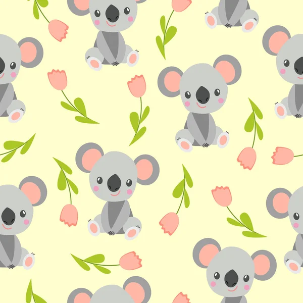 Seamless Pattern Koala Babies Pink Flowers Yellow Background Floral Ornament — Stock Vector