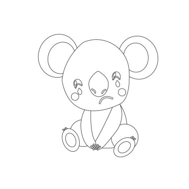 Koala ayısı bebek oturuyor ve ağlıyor. Avustralya hayvanı. Üzgün ve sevimli bir karakter. Ruh hali ifadesi. Çizgi film tarzı. Basit bir grafik çizimi. Boyama kitabı sayfası için. Çocuklar için. Avustralya için dua et..