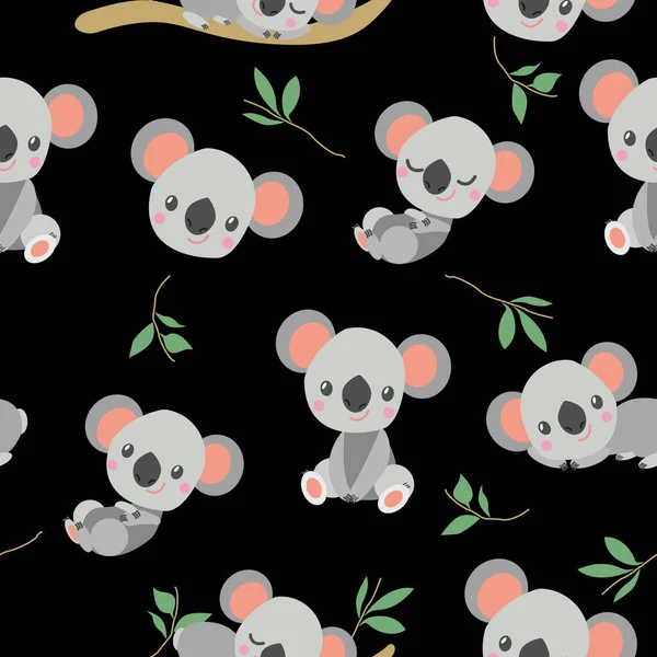 Gülümseyen mutlu koala bebek ve okaliptüs dallarıyla kusursuz bir desen. Basit düz çizim. Çizgi film tarzı. Sevimli ve komik. Çocuklar için çarşaf. Duvar kağıdı, tekstil ve ambalaj kağıdı için..