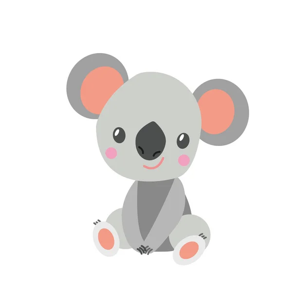 Koala ayısı bebek oturuyor ve gülümsüyor. Sevimli ve komik bir karakter. Çizgi film tarzı. Basit düz çizim. Çocuklar için tekstil. Çocuk kitapları ve dergileri için. Kartpostallar ve ambalaj kağıtları için